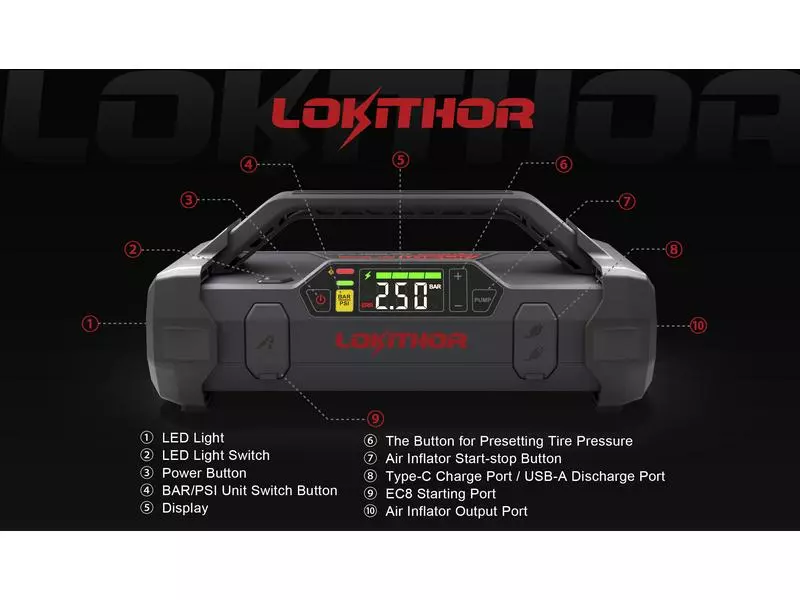 Lokithor Jump Starter und Luftpumpe 12V/ 2000A 14 Lokithor Jump Starter und Luftpumpe 12V/ 2000A – Bild 14