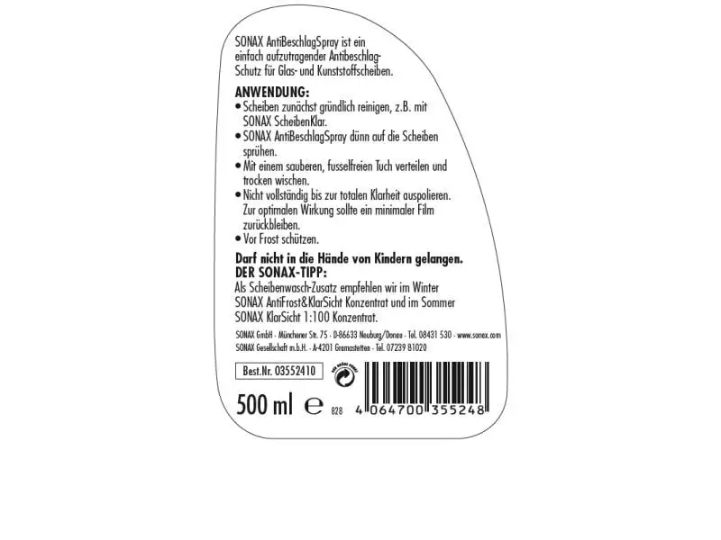 Sonax Antibeschlag-Schutz Spray 500 ml 2 Sonax Antibeschlag-Schutz Spray 500 ml – Bild 2